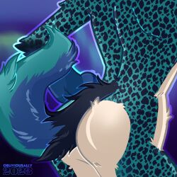 akio anthro ass blue_body blue_fur fur girly gradient hybrid male male/male obliviousally presenting presenting_hindquarters raised_tail rear_view solo spots spotted_body spotted_fur tail white_body white_butt white_fur