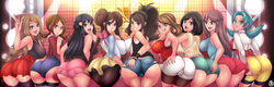 6+girls 9girls absurd_res alternate_breast_size aqua_eyes ass asses_row back big_breasts bikini black_hair blue_eyes blue_hair blush breasts brown_eyes brown_hair butt_crack cameltoe cleavage color cutout dat_ass dawn_(pokemon) eyelashes female female_only glasses grey_eyes hand_on_ass hat hi_res hilda_(pokemon) huge_ass human human_only kris_(pokemon) large_breasts leaf_(pokemon) lineup long_hair looking_at_viewer looking_back lyra_(pokemon) may_(pokemon) may_(pokemon_oras) multiple_girls naughty_face nintendo open_mouth pokemon pokemon_bw pokemon_bw2 pokemon_dppt pokemon_frlg pokemon_gsc pokemon_hgss pokemon_oras pokemon_sm pokemon_xy ponytail revolverwingstudios ribbon rosa_(pokemon) seductive seductive_smile selene_(pokemon) serena_(pokemon) serena_(pokemon_games) shiny_skin short_hair sideboob smile string_bikini sunglasses sunglasses_on_head swimsuit text thick_thighs thigh_gap thighs tied_hair tongue tongue_out twintails v wide_hips