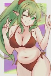 1girls alternate_costume bikini female fire_emblem fire_emblem_awakening green_eyes green_hair looking_at_viewer navel nintendo peace_sign ponytail red_bikini red_swimsuit rotomdocs solo swimsuit tiki_(adult)_(fire_emblem) tiki_(fire_emblem) v wink