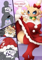 anthro balls bandai_namco black_sclera blue_eyes blush breasts canid canine censored christmas christmas_clothing clothing digimon digimon_(species) female fur genitals hinata_sakamoto holidays male mammal renamon yellow_body