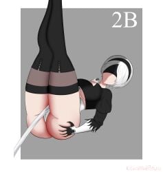 1girls ass ass_focus big_ass blindfold clothed covered_eyes kawaiiredpandas laying_on_back legwear nier nier:_automata nier_(series) sole_female solo squeezing_butt sword thick_thighs thighhighs white_hair yorha_2b