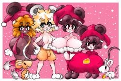 1girls 3boys busty_boy christmas christmas_clothing christmas_hat christmas_outfit dark-skinned_female dark_skin gigantic_breasts huge_breasts hyper_breasts looking_at_viewer male_with_breasts mouse mouse_boy mouse_ears mouse_girl mouse_humanoid mouse_tail nipple_bulge pale-skinned_male pale_skin shortstack smaller_male summeryfortuna