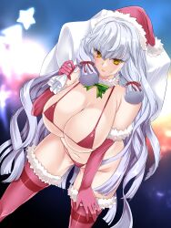 absurdres aged_up alternate_breast_size christmas christmas_outfit dress female female_only gloves green_ribbons hair_ribbon hakkai hat highres holding holding_sack holidays kantai_collection long_hair murakumo_(kantai_collection) red_dress red_gloves ribbon sack santa_hat solo solo_female thick_eyebrows thighhighs very_long_hair yellow_eyes