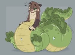 alligator alligatorid animate_inanimate blush brown_body crocodilian green_eyes inflatable living_inflatable male mammal mustelid otter pool_toy reptile scalie simple_background solo symrea transformation