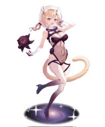 1girl :d animal_ears bangs bare_shoulders bikini black_footwear blonde_hair blush boots bow braid breasts brown_eyes brown_hair cat cat_ears cat_tail catgirl cleavage eyebrows_visible_through_hair face_markings female_only full_body gloves high_heel_boots knee_boots large_breasts looking_at_viewer medium_breasts navel open_mouth paws red_eyes ribbon scarf short_hair simple_background sleeveless smile solo sparkle squchan_(vtuber) standing standing_on_one_leg striped tail thigh_boots thighhighs virtual_youtuber vyugen white_background white_footwear white_legwear