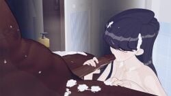 1boy 1girls 3d animated bathroom blowjob cum cum_in_mouth dark-skinned_male dark_skin deepthroat huge_penis indoors interracial koikatsu komi-san_wa_komyushou_desu komi_shouko light-skinned_female light_skin long_video longer_than_one_minute no_sound shower shower_sex tagme video yuukis