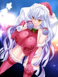 absurdres aged_up alternate_breast_size christmas christmas_outfit dress female female_only gloves green_ribbons hair_ribbon hakkai hat highres holding holding_sack holidays kantai_collection long_hair murakumo_(kantai_collection) red_dress red_gloves ribbon sack santa_hat solo solo_female thick_eyebrows thighhighs very_long_hair yellow_eyes