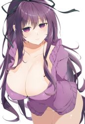 2023 alternate_costume arms_behind_back black_ribbon blush bottomless breasts cleavage closed_mouth collarbone covered_nipples embarrassed female groin hair_between_eyes hair_ribbon huge_breasts jacket kinako_(mzknk0) long_hair looking_at_viewer marvelous murasaki_(senran_kagura) mzknk0 naked_jacket no_panties purple_eyes purple_hair purple_jacket revealing_clothes ribbon senran_kagura shiny_skin sidelocks simple_background solo standing thigh_gap very_long_hair white_background zipper zipper_pull_tab