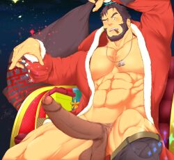 1boy abs bara bare_pectorals beard blush censored christmas cigar ded_(tokyo_afterschool_summoners) facial_hair foreskin from_below gift_bag hat highres huge_cock jewelry large_pectorals legs_apart looking_at_viewer male male_focus male_only mature_male mosaic_censoring muscular muscular_male navel necklace nipples old old_man pants_around_one_leg pants_boxer pectorals penis red_headwear santa_costume santa_hat short_hair sky solo star_(sky) starry_sky stomach strongman_waist thick_eyebrows thick_thighs thighs tokyo_afterschool_summoners