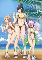 3girls 4_wings ban-tyo bancho bancholillymon beach digimon digimon_(species) digimon_adventure_tri. fairy fairy_wings female female_only human leaf leaf_wings leaves lillymon mimi_tachikawa plant plant_girl vine_hair vines wings