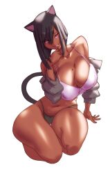 1girls big_breasts black_hair cat_ears cat_tail catgirl dark-skinned_female dark_skin female large_breasts looking_at_viewer nisego original_character red_eyes short_hair solo solo_female thick_thighs underwear