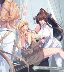 3girls absurdres akigumo_(kantai_collection) alcohol blonde_hair blush bra breasts brown_eyes brown_hair cherry_blossoms cup drinking_glass drunk female_only flower green_bra green_panties hair_between_eyes hair_flower hair_ornament headgear highres himeyamato holding holding_cup iowa_(kantai_collection) kantai_collection large_breasts leg_on_another's_shoulder leg_up long_hair long_sleeves meme multiple_girls open_mouth panties panties_around_toe ponytail thighs to_be_continued underwear unworn_panties very_long_hair walk-in wine wine_glass yamato_(kantai_collection) yuri