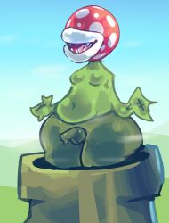 anthro bodily_fluids dripping echochamber elemental_creature flora_fauna green_skin male mario_(series) moobs musk nintendo piranha_plant plant slightly_chubby solo sweat