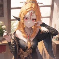 1girls ai_generated big_breasts black_sports_bra breasts clothing female female_only happy long_hair midna ruptuorie shorts solo the_legend_of_zelda twili_midna