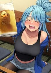 alcohol aqua_(konosuba) arm_support bare_arms bare_shoulders beer beer_mug black_shirt blue_hair blue_jacket breasts chopsticks cleavage closed_eyes collarbone cup denim denim_shorts female from_above hair_bun highres indoors izawa_(bhive003) jacket kono_subarashii_sekai_ni_shukufuku_wo! large_breasts long_hair midriff mug navel off_shoulder open_mouth pantyhose reaching reaching_towards_viewer shirt short_shorts shorts single_bare_shoulder sitting sitting_on_pillow sleeveless smile solo swept_bangs table tank_top tatami