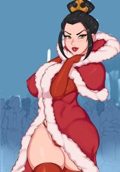 1girls ange1witch avatar_legends avatar_the_last_airbender azula big_breasts black_hair christmas christmas_clothing crowd female female_only fire_nation giant_breasts gloves hazel_eyes huge_breasts long_gloves outdoors princess robe royalty solo thick_thighs thighhighs