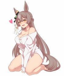 absurdres animal_ears bow breasts commentary ear_ribbon female hakutaqanta highres horse_ears horse_girl horse_tail large_breasts long_hair satono_diamond_(umamusume) shirt tail umamusume white_shirt