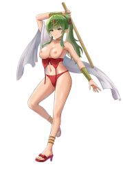 1girls alternate_costume armpits bare_arms bare_legs bare_midriff bikini breasts breasts_out female female_only fire_emblem fire_emblem_awakening fire_emblem_heroes full_body green_eyes green_hair high_heels large_breasts legs long_hair midriff nintendo nipples official_alternate_costume pointy_ears ponytail red_bikini red_footwear red_swimsuit sandals sauvignon smile solo stick swimsuit tiki_(adult)_(fire_emblem) tiki_(adult)_(summer)_(fire_emblem) tiki_(fire_emblem) white_background