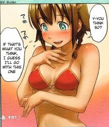 amy_(suisei_no_gargantia) aqua_eyes bare_arms bare_midriff bare_shoulders belly_button bikini bikini_top blush brown_hair cleavage hairclip manga midriff navel red_bikini red_bikini_top red_hairclip short_hair suisei_no_gargantia text text_bubble