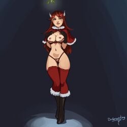 1girls areolae breasts christmas christmas_outfit cordelia_(fire_emblem) dr_graevling female female_only fire_emblem fire_emblem_awakening long_hair looking_at_viewer mistletoe nintendo nipples partially_clothed red_hair red_stockings smiling smiling_at_viewer solo stockings