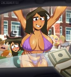2boys 3boys 9:10 alternate_breast_size armpits artist_name big_breasts blush bra breasts brown_hair clothing dark-skinned_female dark_skin disney disney_channel dollar_bill duo huge_breasts incogneato large_breasts leah_stein-torres libby_stein-torres mature_female milf money mother_and_daughter nervous_expression nervous_sweat panties prostitution smile sweat sweatdrop the_ghost_and_molly_mcgee underwear