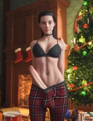 1futa 3d big_penis blue_eyes clothed clothing dark_hair dickgirl emma_(rexart) erection futa_only futanari huge_cock light-skinned_futanari looking_at_viewer mostly_nude pants rexart solo standing