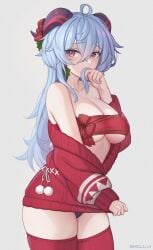 1girls blue_hair christmas ganyu_(genshin_impact) genshin_impact goat_horns large_breasts shellvi solo solo_female sweater thick_thighs thighhighs underboob zettai_ryouiki