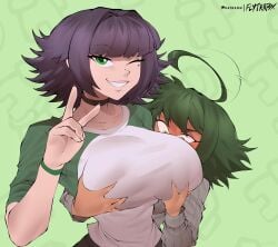 2girls alex/tomboy-chan alex_(aestheticc-meme) big_breasts black_hair breast_grab clothing dark_skin female female_focus female_only flytrapxx grabbing green_eyes green_hair large_breasts liz_(flytrapxx) long_hair looking_at_viewer original short_hair thick_thighs yuri