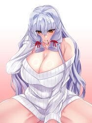 aged_up alternate_breast_size alternate_costume blush breasts cleavage collarbone female female_only food food_in_mouth gradient_background grey_hair grin hair_ribbon hakkai highres huge_breasts kantai_collection long_sleeves looking_at_viewer massive_breasts mature_female murakumo_(kantai_collection) naked_sweater pink_background pocky pocky_in_mouth ribbon sidelocks smile solo solo_female sweater tress_ribbon two-tone_background two_tone_background white_sweater yellow_eyes