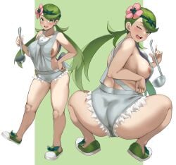 1girls ass breasts brown_skin dat_ass female game_freak green_eyes green_hair huge_ass jirusu long_hair mallow_(pokemon) nintendo nipple_slip nipples overalls pokemon pokemon_sm squatting too_small_clothes twintails