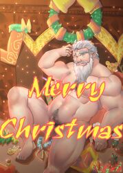 1boy absurdres artist_request bara beard belly censored christmas christmas_wreath completely_nude dwarf facial_hair flaccid foot_out_of_frame foreskin full_beard highres huge_eyebrows large_pectorals long_beard male_focus mature_male merry_christmas moustache muscular muscular_male nipples nude old old_man original pectorals penis plump pointy_ears short_hair sitting solo text_censor thick_chest_hair thick_navel_hair white_hair wreath