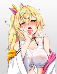 1girls ahoge bangs bare_shoulders blonde_hair blush breasts choker cleavage collarbone dot_nose eyebrows_visible_through_hair fellatio_gesture female female_only grey_background hair_ornament hair_ribbon half-closed_eyes hand_up heart heart-shaped_pupils heavy_breathing heterochromia highres hoshikawa_sara huge_ahoge large_breasts long_hair looking_at_viewer nijisanji nipples off_shoulder one_side_up pink_ribbon red_eyes ribbon sexually_suggestive shiny shiny_hair shiny_skin simple_background solo solo_female symbol-shaped_pupils tongue tongue_out upper_body virtual_youtuber x_hair_ornament yellow_eyes yellow_ribbon