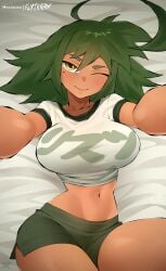 big_breasts blush clothing dark-skinned_female dark_skin eye_closed female female_focus female_only flytrapxx green_hair large_breasts liz_(flytrapxx) long_hair looking_at_viewer original thick_thighs