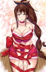 ayannon_yumme bare_shoulders breasts breasts breasts_squeezed_together brown_hair choker collarbone female green_eyes large_breasts ponytail re:zero_kara_hajimeru_isekai_seikatsu red_ribbon ribbon santa_bikini shaula_(re:zero) thick_thighs thighs tied_up