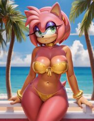 ai ai_generated amy_rose anthro beach bikini bikini_bottom bikini_top bracelet collar eulipotyphlan furry furry_female gold_(metal) gold_bracelet gold_choker gold_jewelry green_eyes hedgehog large_breasts makeup mammal navel palm_tree pink_body pink_fur pink_hair purple_eyeshadow red_hairband scut_tail short_hair short_tail sonic_(series) sonic_the_hedgehog_(series) stable_diffusion tail yellow_bikini