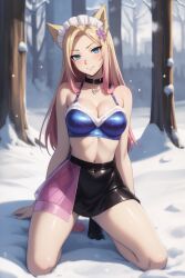 1girls ahri ai_eyes ai_generated blonde_hair blue_eyes blush bra breasts choker female fox_ears k/da_all_out_ahri kirill782 kneeling league_of_legends long_hair looking_at_viewer maid maid_headdress medium_breasts multicolored_hair navel skirt smile snow solo stable_diffusion