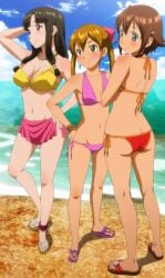 3girls amber_eyes amy_(suisei_no_gargantia) ass_cleavage bare_arms bare_back bare_legs bare_midriff bare_shoulders bare_thighs barefoot belly_button big_breasts bikini bikini_bottom bikini_scarf bikini_top black_hair blonde_hair blue_eyes blush bracelet brown_hair cleavage closed_eyes fanservice female female_only flat_chest flat_chested flying_squirrel gold_bracelet gold_jewelry golden_bracelet green_eyes hair_ribbon hair_ribbons hairclip inner_sideboob light_skin long_hair looking_at_viewer medium_breasts melty_(suisei_no_gargantia) midriff multiple_girls navel orange_bikini orange_bikini_top pink_bikini pink_bikini_bottom pink_bikini_scarf pink_bikini_top pink_swimwear poncho red_bikini red_bikini_bottom red_bikini_top red_hairclip red_ribbon red_ribbons ribbon ribbon_in_hair saaya_(suisei_no_gargantia) seagal ship ship_deck ships_bridge short_hair sideass sideboob sparkling_water suisei_no_gargantia swimsuit_skirt tan_skin thick_thighs tied_hair twintails white_skin