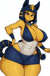 ai_generated animal_crossing ankha ankha_(animal_crossing) anthro armpits bandages big_breasts blue_hair breasts cat cat_ears cat_tail charlie_hustle egyptian female furry hourglass_figure large_breasts looking_at_viewer nintendo short_hair thick_thighs white_background wide_hips yellow_fur