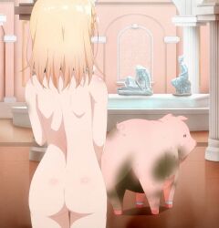 animal ass back bare_shoulders bath blonde_hair buta_no_liver_wa_kanetsu_shiro colored_skin dirty female highres jess_(buta_no_liver_wa_kanetsu_shiro) non-web_source nude pig pig_(buta_no_liver_wa_kanetsu_shiro) white_skin