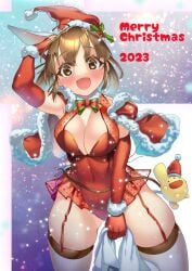 1girls arle_nadja big_breasts bow breasts brown_eyes brown_hair bunny_ears bunny_girl carbuncle_(puyo_puyo) christmas christmas_outfit gloves large_breasts puyo_puyo thick_thighs thigh_squish thighhighs thighs