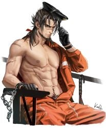 1boy 2023 abs anjingkuxiao arknights bara beard black_gloves black_hair facial_hair gloves hat hi_res jesselton_williams_(arknights) jumpsuit male_focus male_pubic_hair mature_male muscular muscular_male navel_hair nipples open_clothes pectorals prisoner pubic_hair pubic_hair_peek restrained scar scar_on_face scar_on_nose short_hair signature simple_background sitting solo toned toned_male unworn_hat unworn_headwear whip white_background