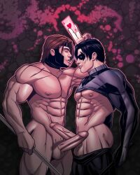 big_cock big_penis blitzturner boner caucasian caucasian_male crossover dc dc_comics dick_grayson erect_penis erection gambit gay hard_on huge_cock male male_only marvel masked muscles muscular muscular_male nightwing remy_lebeau shirt_lift superhero x-men