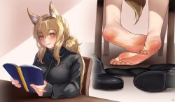 2023 animal_ear_fluff arknights barefoot between_toes black_footwear black_jacket black_socks blonde_hair blush book boots breasts chair eyelashes feet female foot_focus footplay hair_between_eyes hi_res high_heel_boots high_heels holding holding_book indoors jacket large_breasts long_hair looking_at_viewer multiple_views nearl_(arknights) nikishiko ponytail shadow shoes_removed sidelocks sitting sleeves_past_wrists smell smile socks socks_removed soles steaming_body sweatdrop table tail toes unworn_boots unworn_socks yellow_eyes