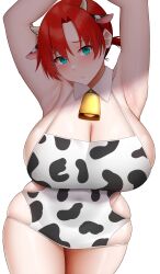 absurdres animal_print arind_yudha bare_shoulders boudica_(fate) breasts cleavage collarbone cow_print fate/grand_order fate_(series) female green_eyes highres large_breasts looking_at_viewer red_hair short_hair short_ponytail solo thighs