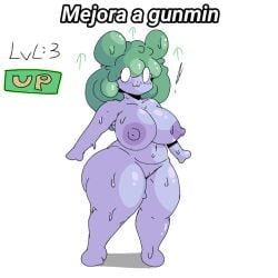 1girls :3 big_breasts blue_body evolution green_hair gunmin_(huesosdry) huesosdry level_up slime slime_girl smile spanish_text