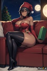 1girls ai_generated beanie black_hair christmas christmas_outfit christmas_tree couch dark-skinned_female dark_skin full_body high_heels_boot huge_ass huge_breasts large_breasts milf moon muscular_female night original_character pornx.ai round_ass seductive_pose seductive_smile short_hair sitting stockings thick_thighs