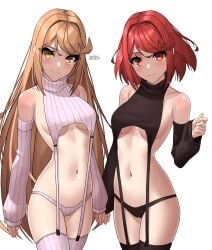 2girls alternate_costume breasts female female_only looking_at_viewer mythra nintendo pyra virgin_destroyer_sweater white_background x_xith_x xenoblade_(series) xenoblade_chronicles_2