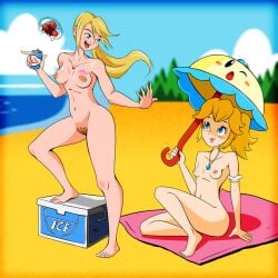 2girls ass barefoot beach breasts completely_nude completely_nude_female female female_only full_body glitchyreal mario_(series) metroid multiple_girls naked naked_female nude nude_female perry_(nintendo) princess_peach pussy samus_aran super_princess_peach tagme