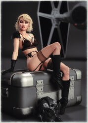 1girls 3d alternate_version_available black_boots black_clothes black_footwear black_gloves black_shoes blonde_hair blue_eyes boots bra crate daz_studio female female_only footwear garter_belt gloves helmet_removed lingerie military_uniform panties parted_lips pilot pin_up pinup pose posing poster red_lipstick science_fiction shoes sitting soldier solo spaceship star_wars stormtrooper teeth textless therealzoh tie_fighter tie_fighter_pilot tie_pilot underwear uniform