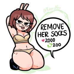 1girls armpits arms_behind_head arms_up black_eyes brown_hair female kaerunee kim_pine kneeling scott_pilgrim short_hair socks solo solo_female tongue_out twitter_strip_game_(meme) underwear